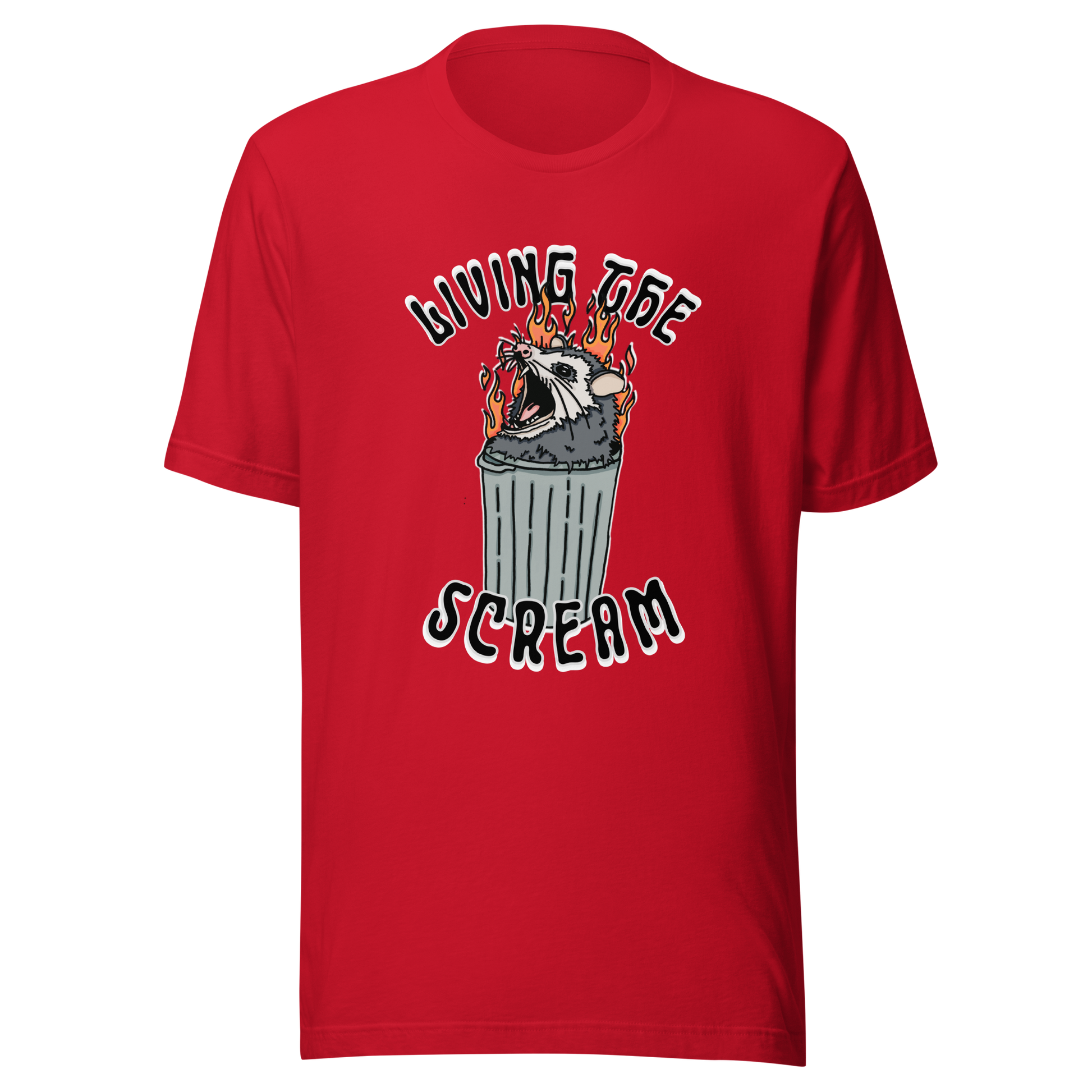 Red t-shirt with a screaming possum in a flaming trash can. ‘Living the Scream’ text above. The perfect chaos-core existential crisis tee.