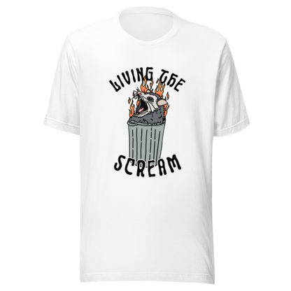 White t-shirt with a screaming possum in a flaming trash can. ‘Living the Scream’ text above. The perfect chaos-core existential crisis tee.