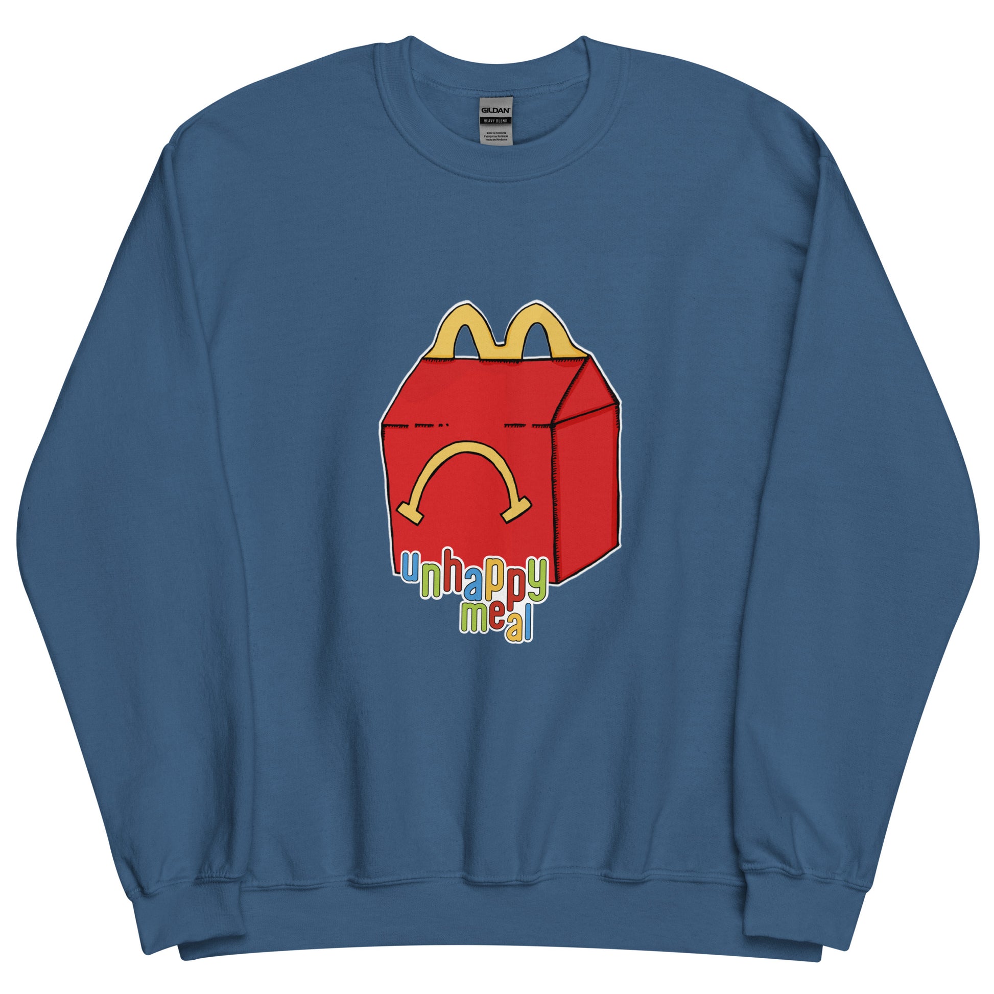 unhappy meal sweatshirt model in indigo - gaslit apparel