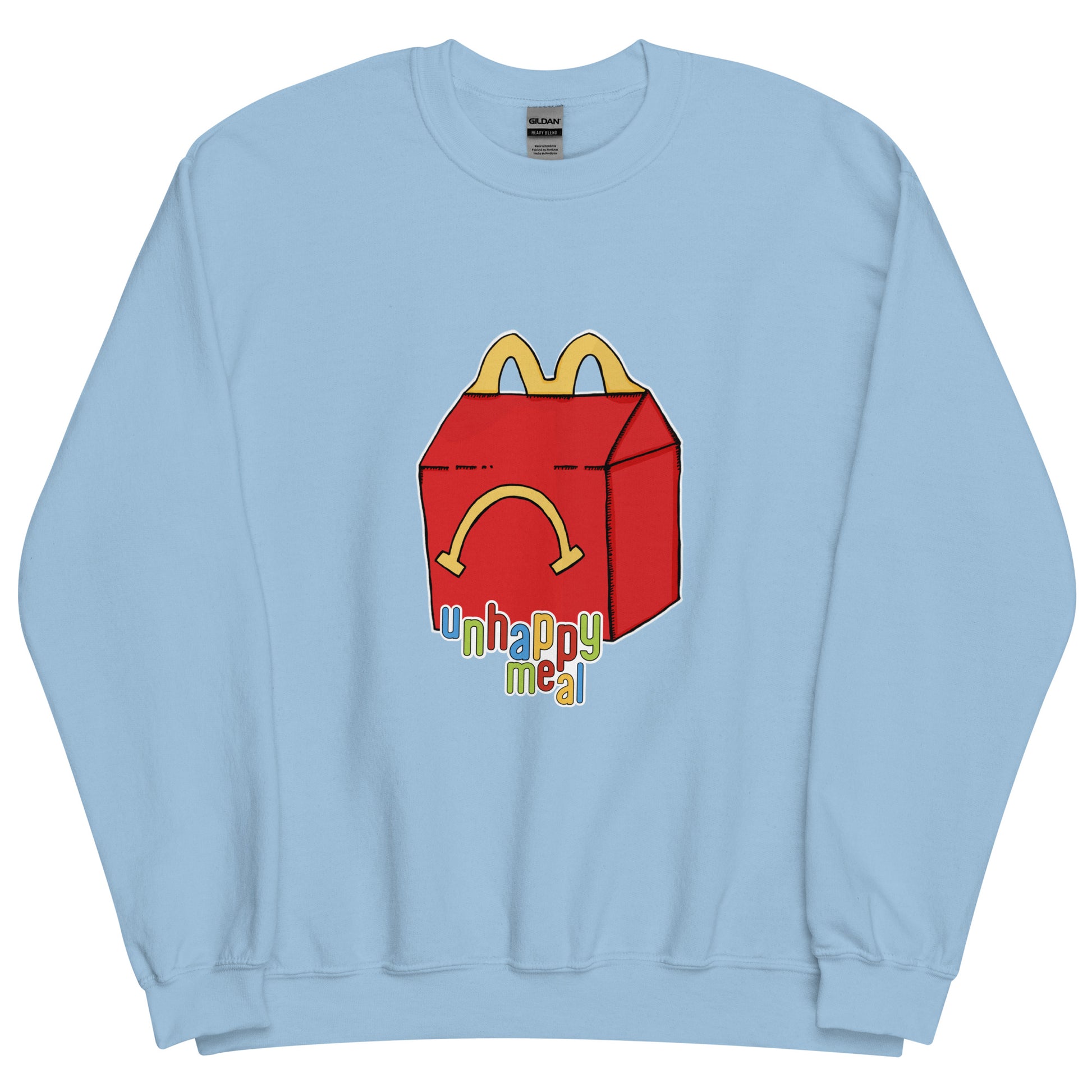 unhappy meal sweatshirt model in light blue - gaslit apparel